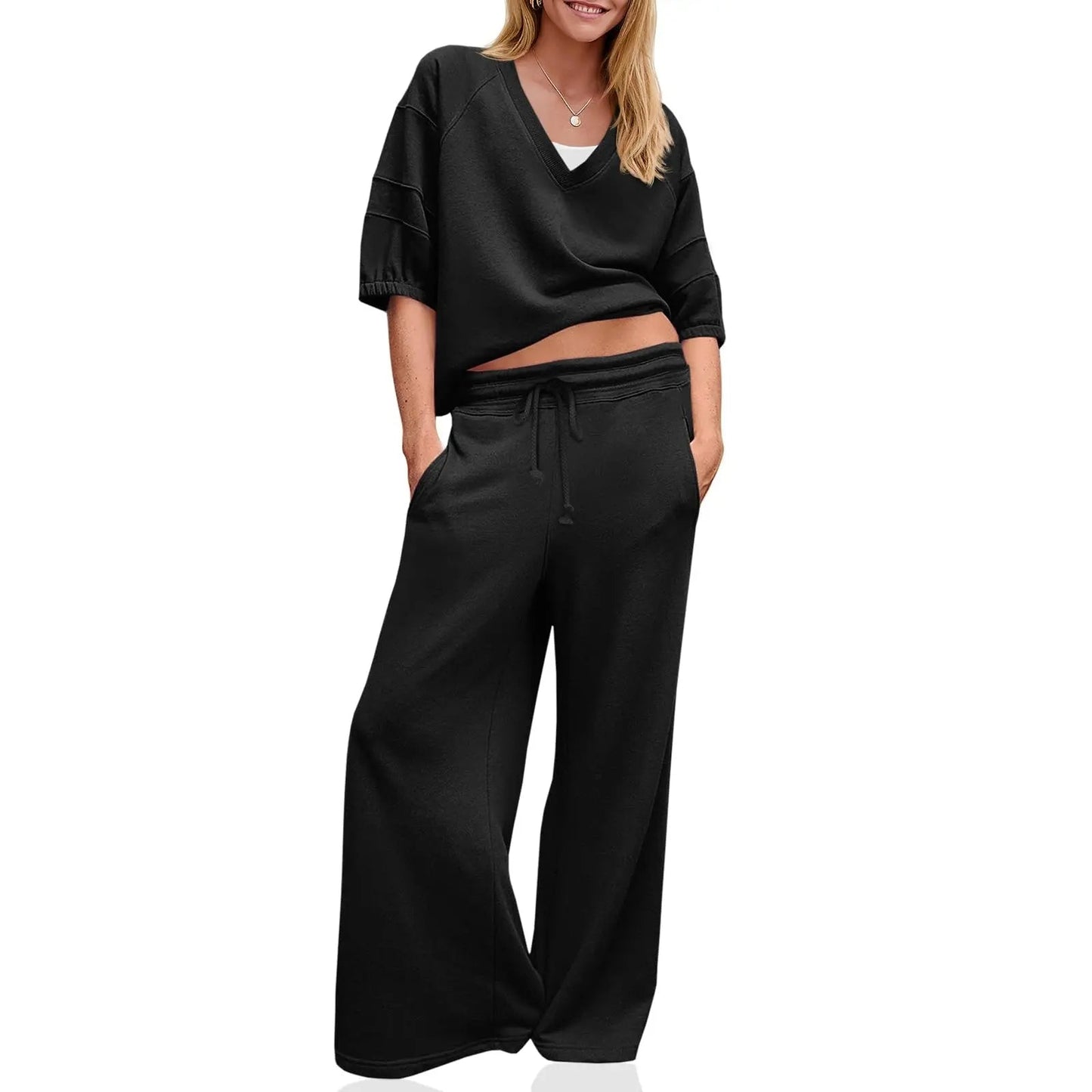 Womens 2 Piece Outfits Casual V Neck Shirts Wide Leg