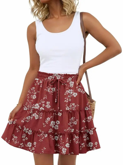 Women Flowy Skorts Built-in Shorts Floral Ruffle Tiered Skirts with Pockets