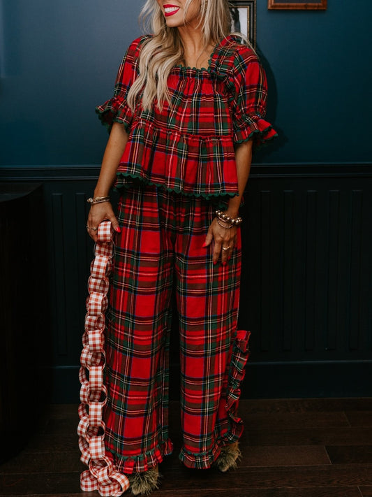Women's Plaid Ruffle Puff Sleeve Pajamas Set