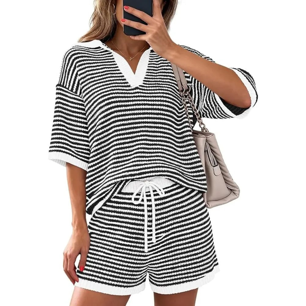 Women’s Striped 2 Piece Lounge Set Short Sleeve V Neck Top Drawstring Shorts Beach Summer Outfits