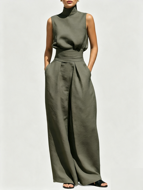 Women Sleeveless Mock Neck Tie-Waist Top & Wide Leg Pants  Two-Piece Set