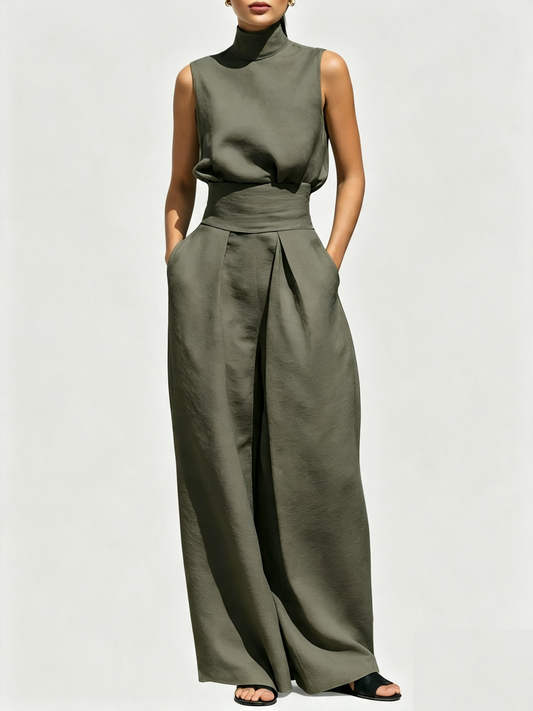 Women Sleeveless Mock Neck Tie-Waist Top & Wide Leg Pants  Two-Piece Set