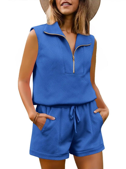 ⏰Hot Sale-Womens 2 Piece Outfits Short Sets Half Zip Sleeveless Tops and Drawstring Shorts