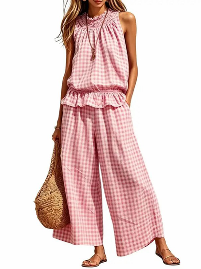 ⏰Hot Sale-Women's 2 Piece Set Outfits Gingham Plaid Sleeveless Ruffle Top Wide Leg Pants