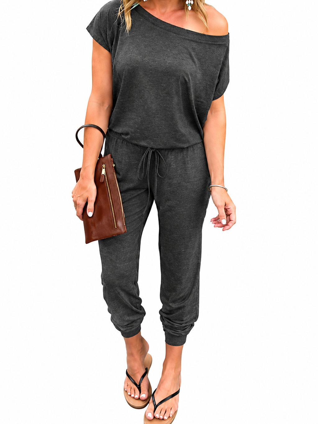 Women Dual Wear Off Shoulder Elastic Waist Solid Long Pants Jumpsuit