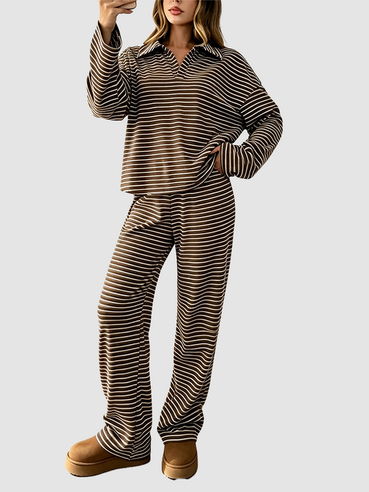 Women Striped V‑Neck Two‑Piece Casual Set