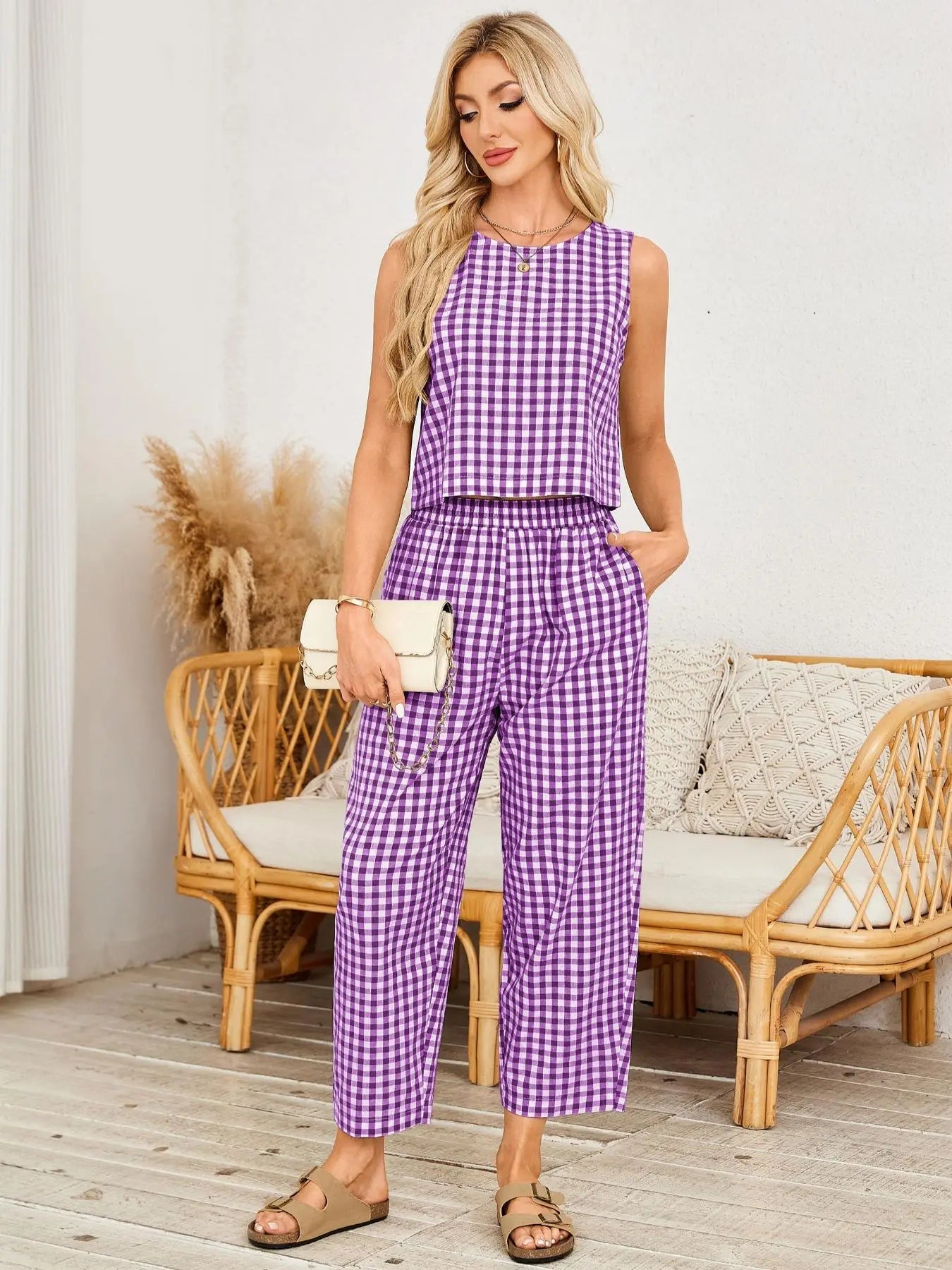 Women's Gingham Sleeveless Tank Top & Barrel Pants Set