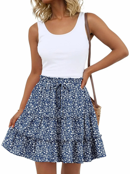 Women Flowy Skorts Built-in Shorts Floral Ruffle Tiered Skirts with Pockets