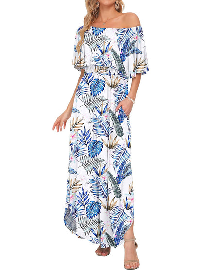 ⏰Hot Sale-Women's Off Shoulder Ruffle Short Sleeve Side Split Maxi Dresses with Pockets