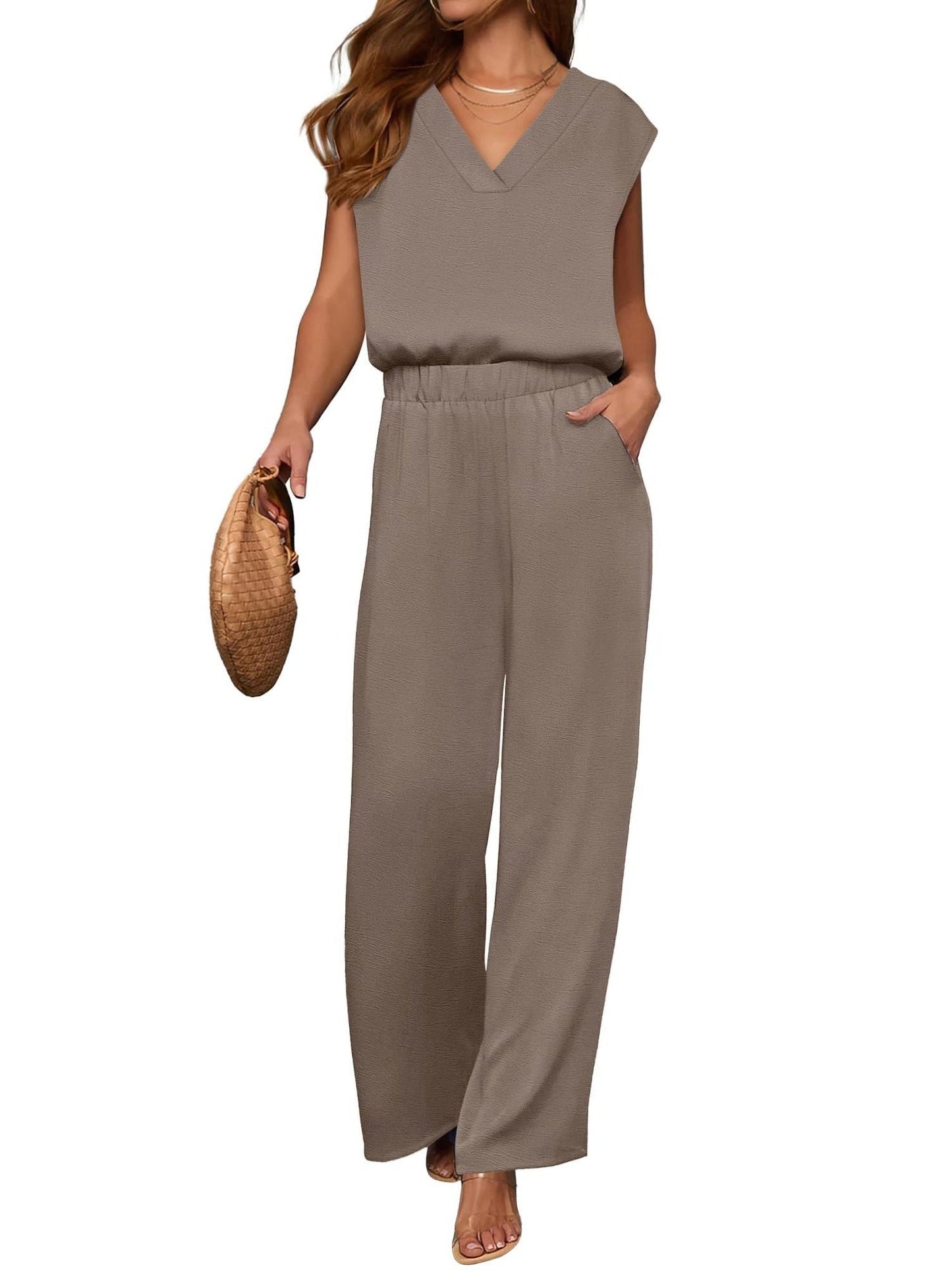 2 Piece Sets for Women Lounge Outfits Summer V Neck Cap Sleeve Top Wide Leg Pants