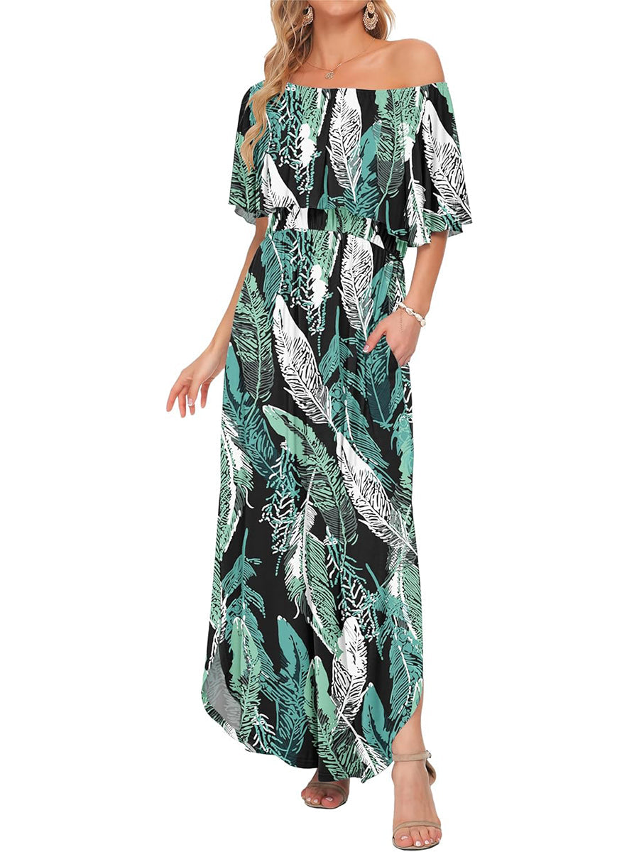 ⏰Hot Sale-Women's Off Shoulder Ruffle Short Sleeve Side Split Maxi Dresses with Pockets