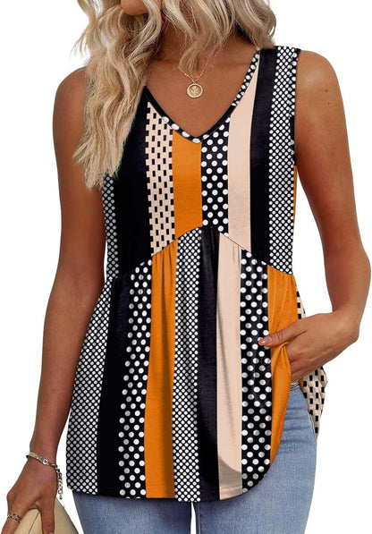 ⏰Hot Sale-Women's Print Flowy Sleeveless V Neck Peplum Tank Tops
