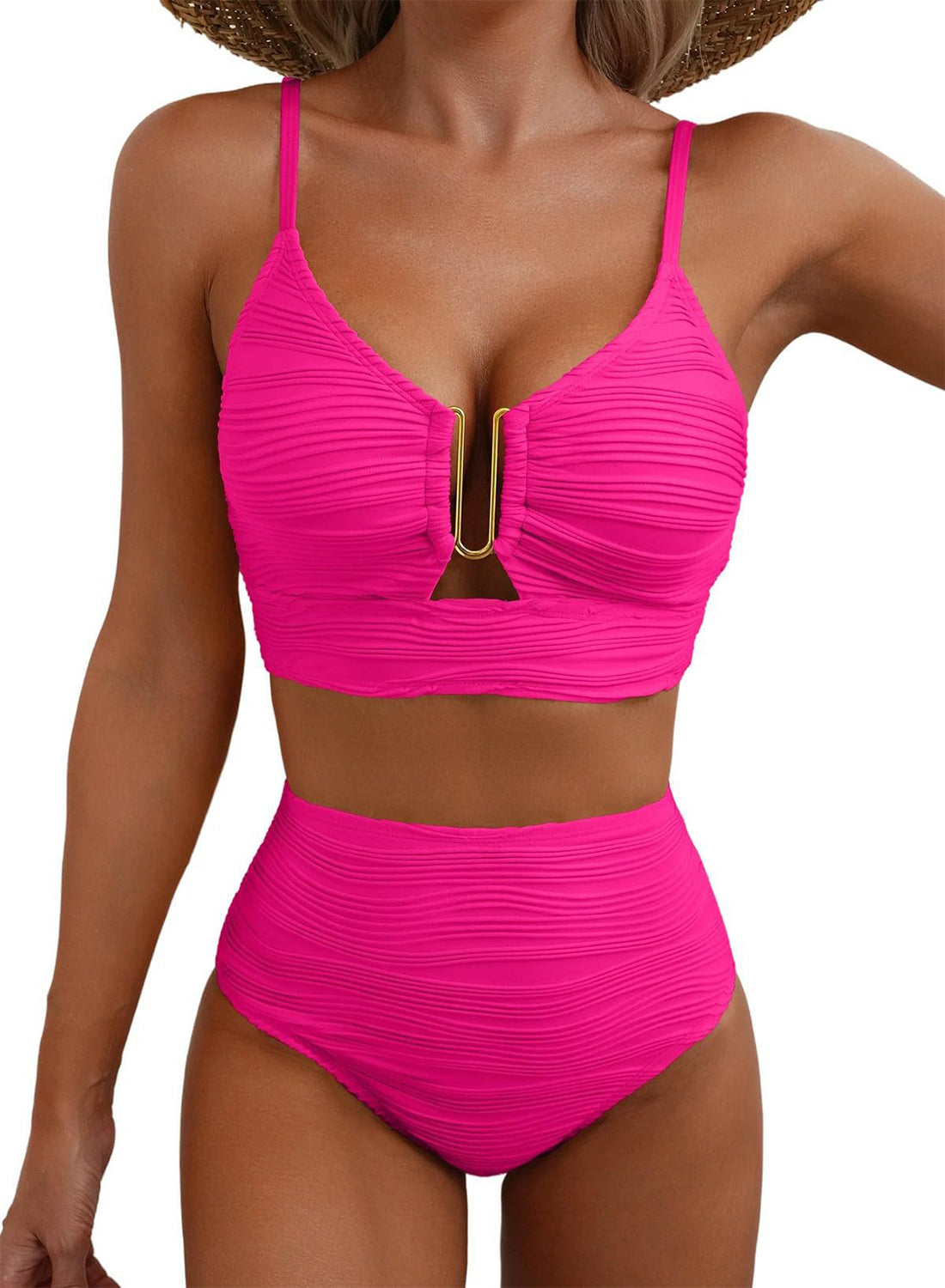 Women's U-Wire Cutout Swimsuit High Waisted Textured 2 Piece Bikini Set