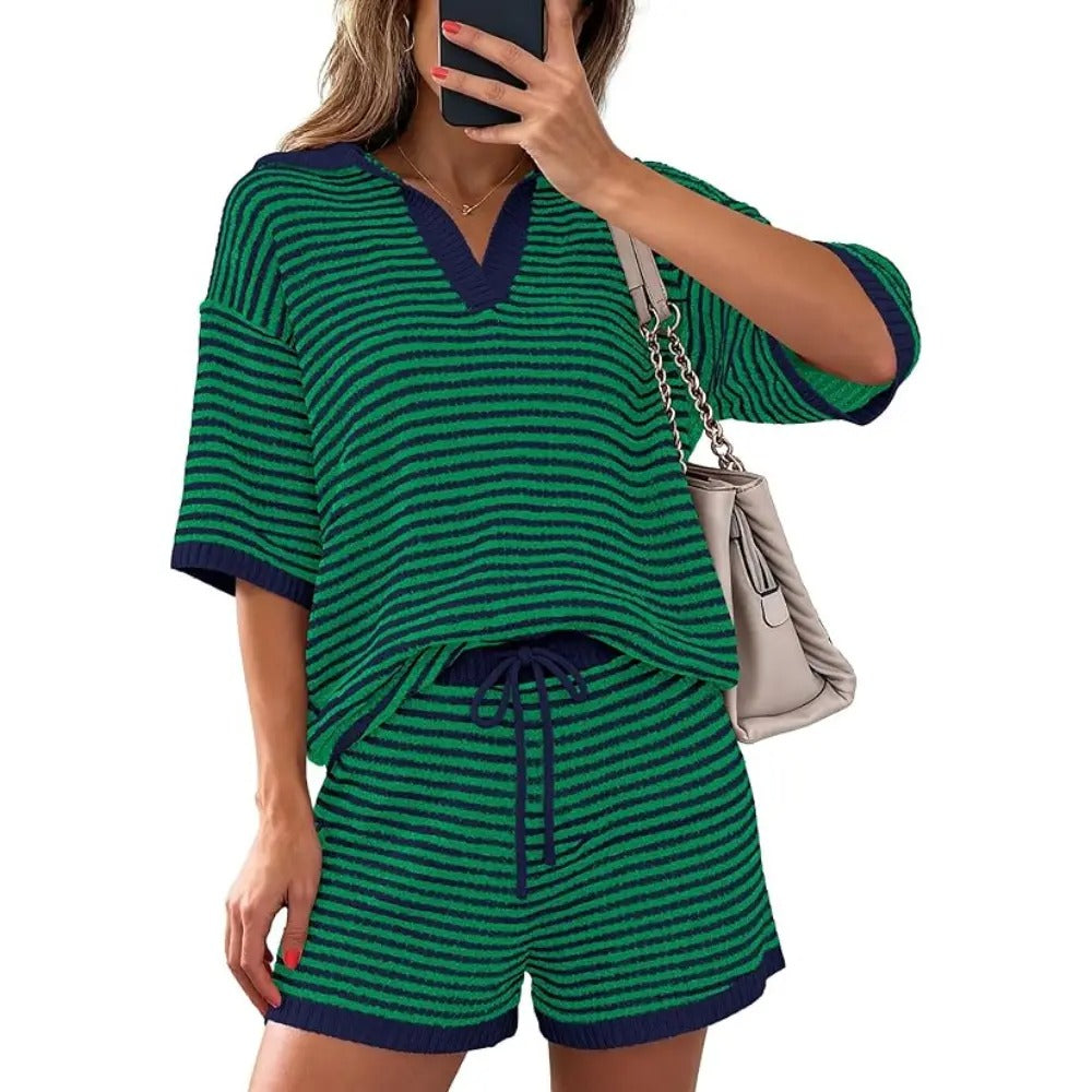 Women’s Striped 2 Piece Lounge Set Short Sleeve V Neck Top Drawstring Shorts Beach Summer Outfits