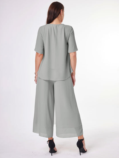 Women's 2-Piece Chiffon Blouse & Wide Leg Pants Set
