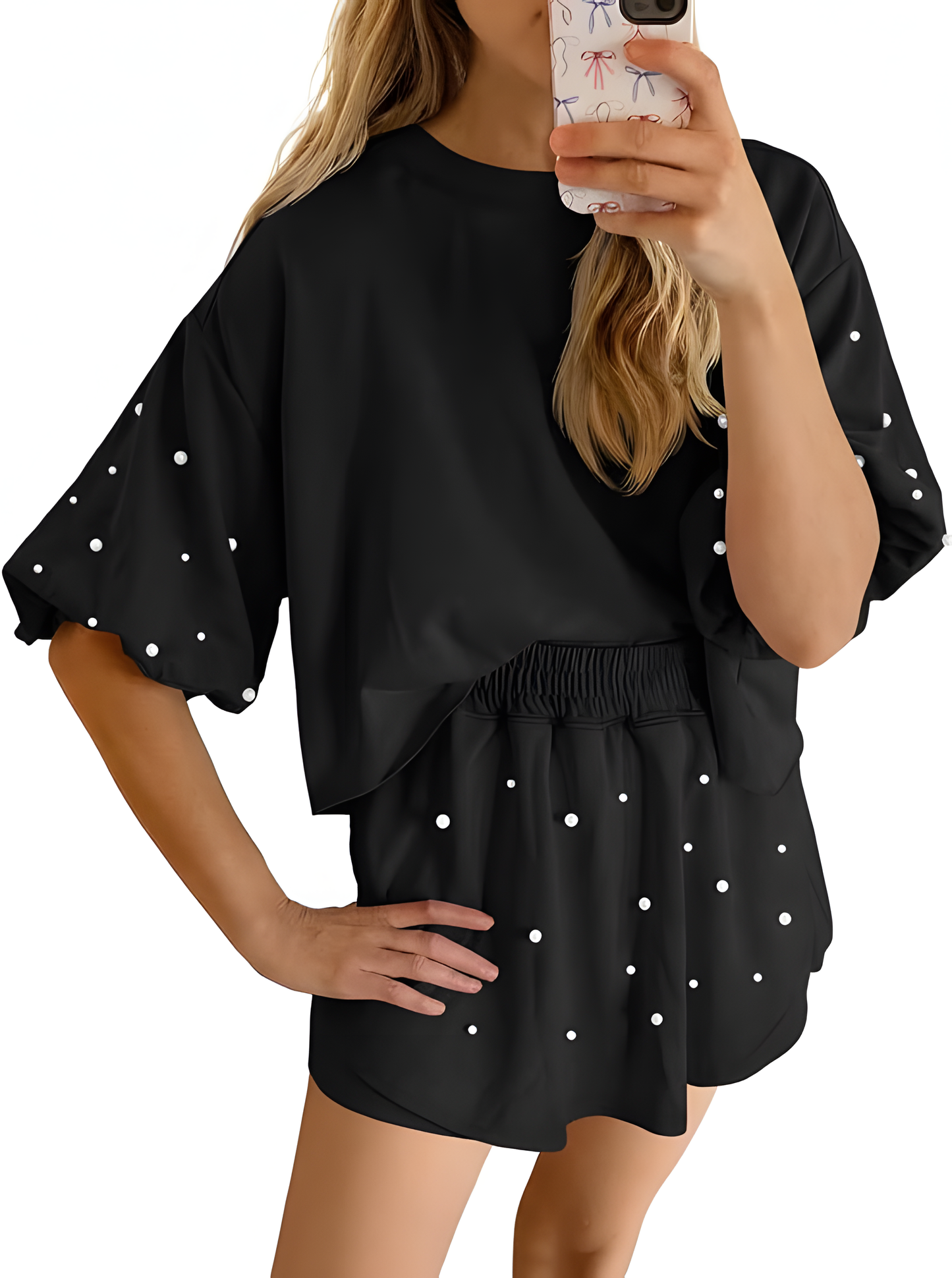 Women Pearl Puff Sleeve Top & Skort 2 Piece Summer Lounge Set