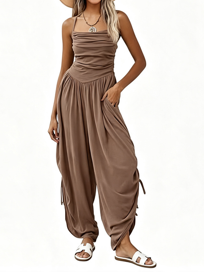 Women Halter Square Neck Sleeveless Ruched Barrel Wide Leg Side Cinch Jumpsuit