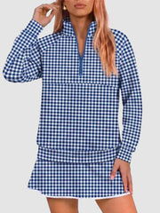 Women Classic Gingham Half‑Zip Top & Layered Skort Casual Sports Two‑Piece Set