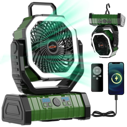 Rechargeable Camping Fan with LED Light & 360° Hanging Hook
