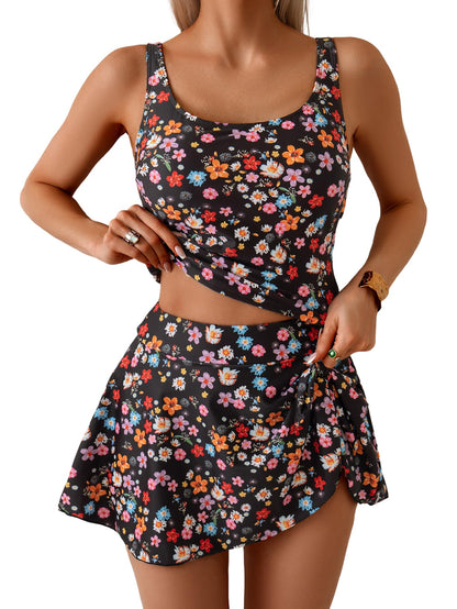 Women's Tummy Control Two Piece Swimsuit High Waisted Tank Top with Swim Skirt