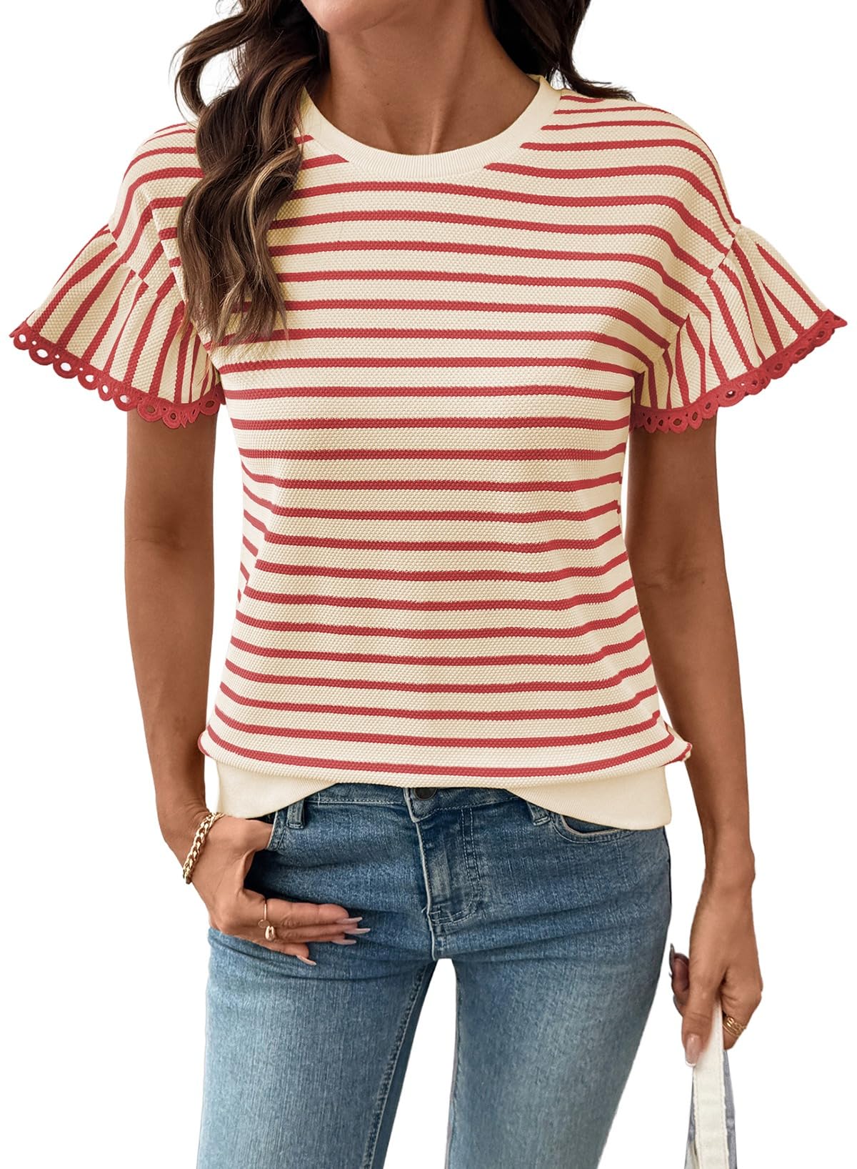Limited time sale🔥Women's Knit Striped Color Block Ruffled Short Sleeve Top