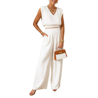 ⏰Hot Sale-Women's Summer 2-Piece Solid Color Tank Top & Wide Leg Pants Set