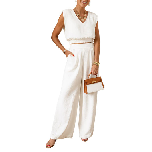 ⏰Hot Sale-Women's Summer 2-Piece Solid Color Tank Top & Wide Leg Pants Set
