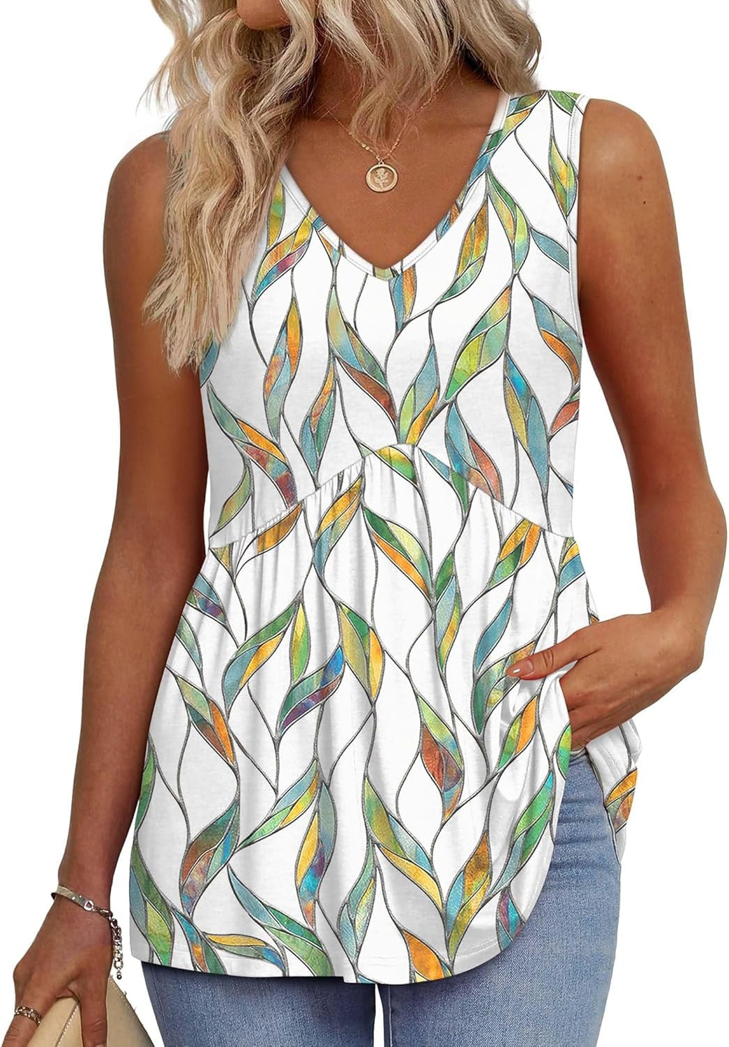 ⏰Hot Sale-Women's Print Flowy Sleeveless V Neck Peplum Tank Tops