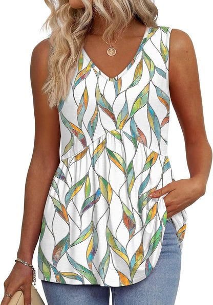 ⏰Hot Sale-Women's Print Flowy Sleeveless V Neck Peplum Tank Tops