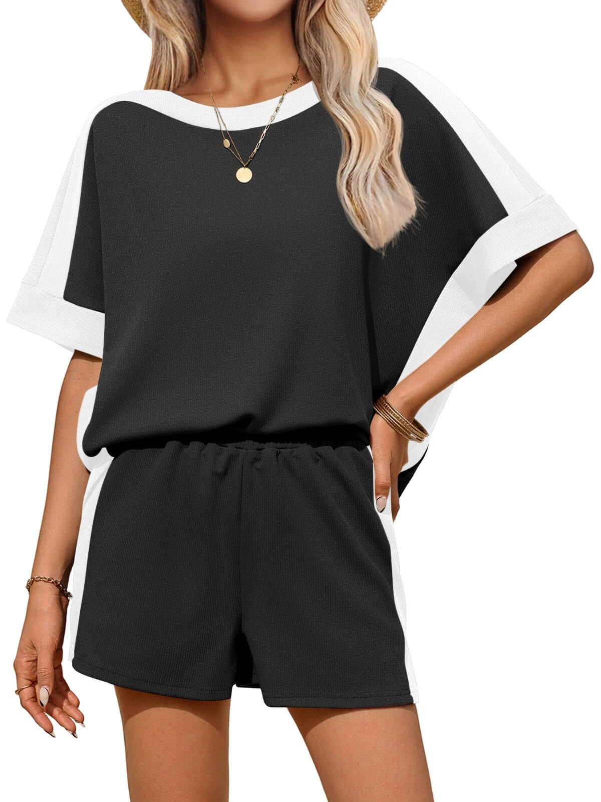 Womens 2 Piece Summer Outfits Oversized Short Sleeve Tops and Shorts Matching Sets