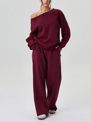✨Women's Off-Shoulder Long Sleeve Top & Wide-Leg Pants Set