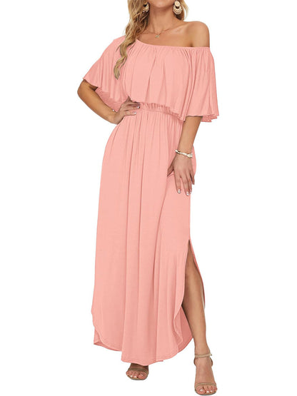 ⏰Hot Sale-Women's Off Shoulder Ruffle Short Sleeve Side Split Maxi Dresses with Pockets