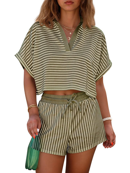 ⏰Hot Sale-Womens Striped 2 Piece Short Sets Summer Short Sleeve Collared