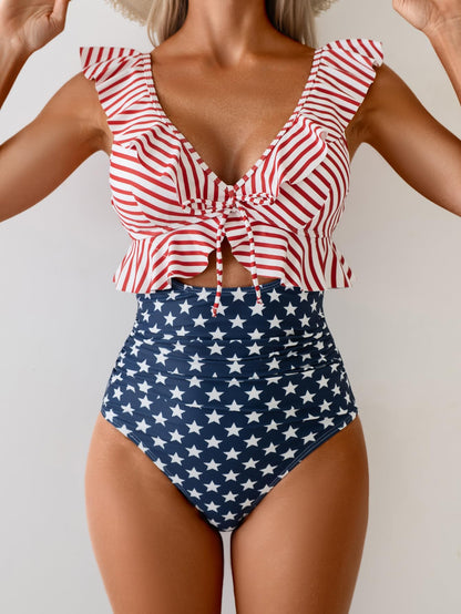 Limited time sale🔥Women Tummy Control Ruffle Bathing Suit V Neck Ruched Swim Suit