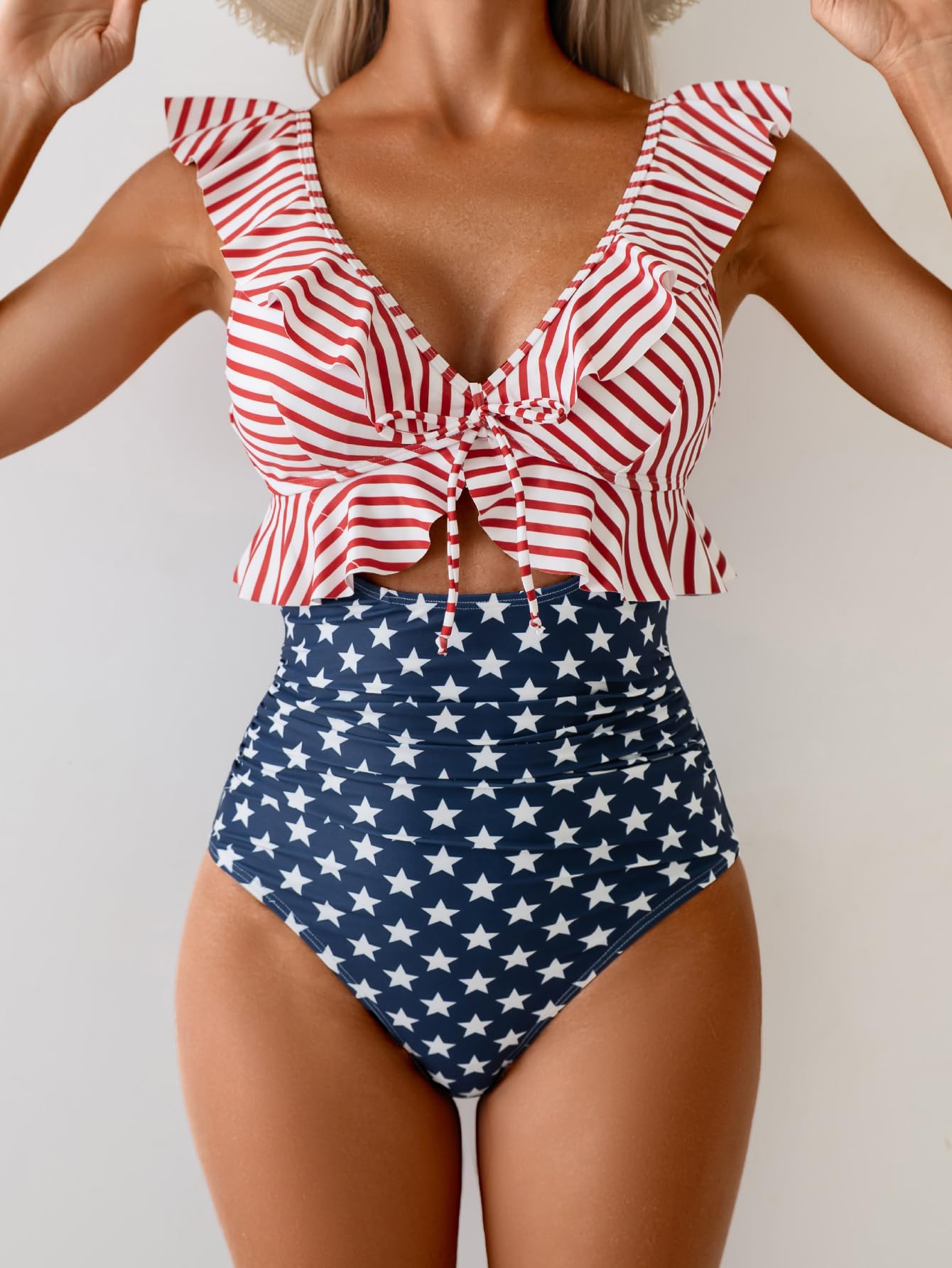 ⏰Hot Sale-Women Tummy Control Ruffle Bathing Suit V Neck Ruched Swim Suit