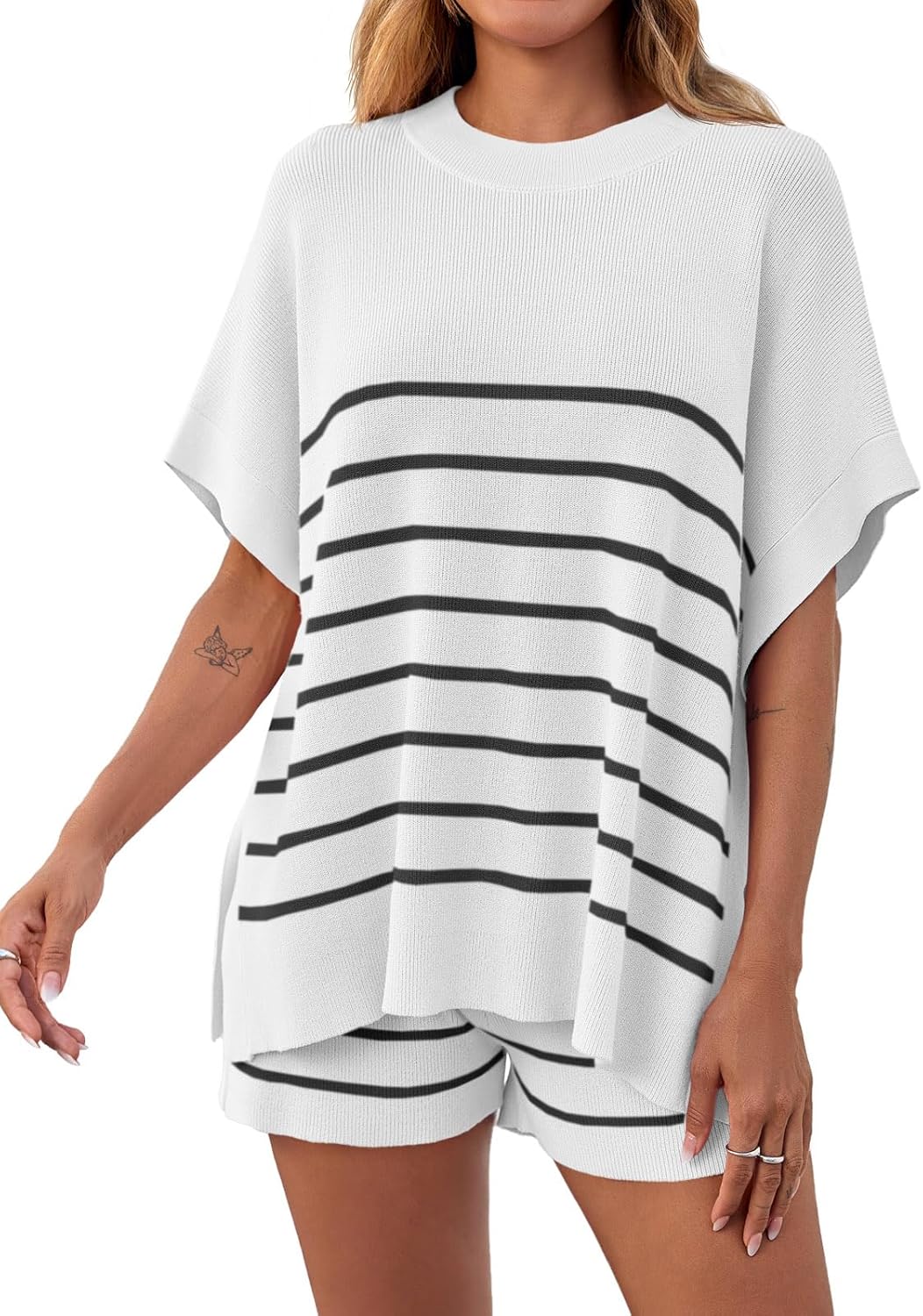 ⏰Hot Sale-Women's Striped 2-Piece Oversized Batwing Sleeve Short Sleeve Top and Shorts Set