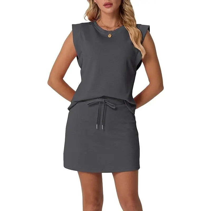 Limited time sale🔥Women's Summer 2 Piece Skort Set Cap Sleeve Round Neck Top