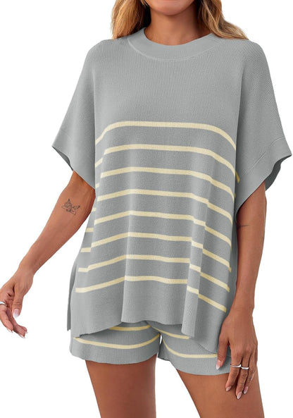 ⏰Hot Sale-Women's Striped 2-Piece Oversized Batwing Sleeve Short Sleeve Top and Shorts Set
