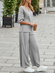 Womens 2 Piece Outfits Casual V Neck Shirts Wide Leg