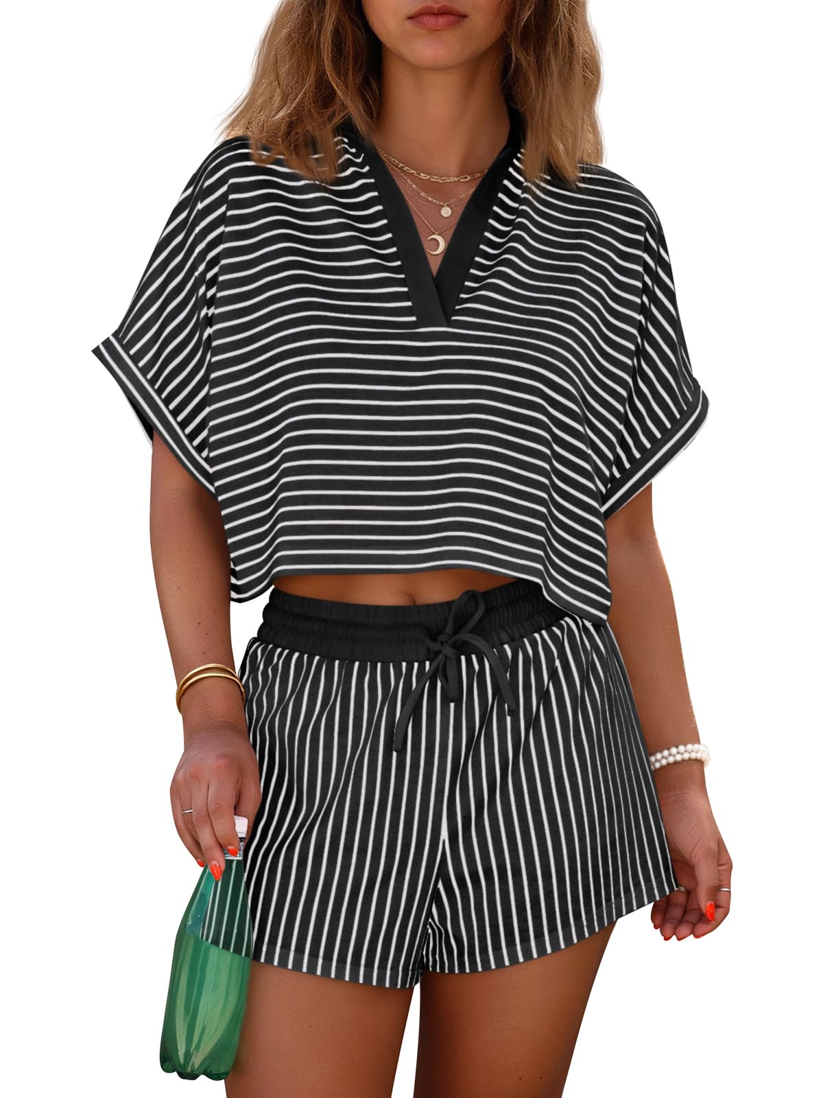 Limited time sale🔥Womens Striped 2 Piece Short Sets Summer Short Sleeve Collared