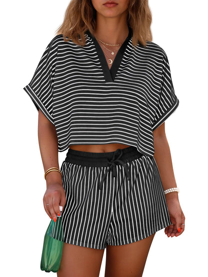 ⏰Hot Sale-Womens Striped 2 Piece Short Sets Summer Short Sleeve Collared