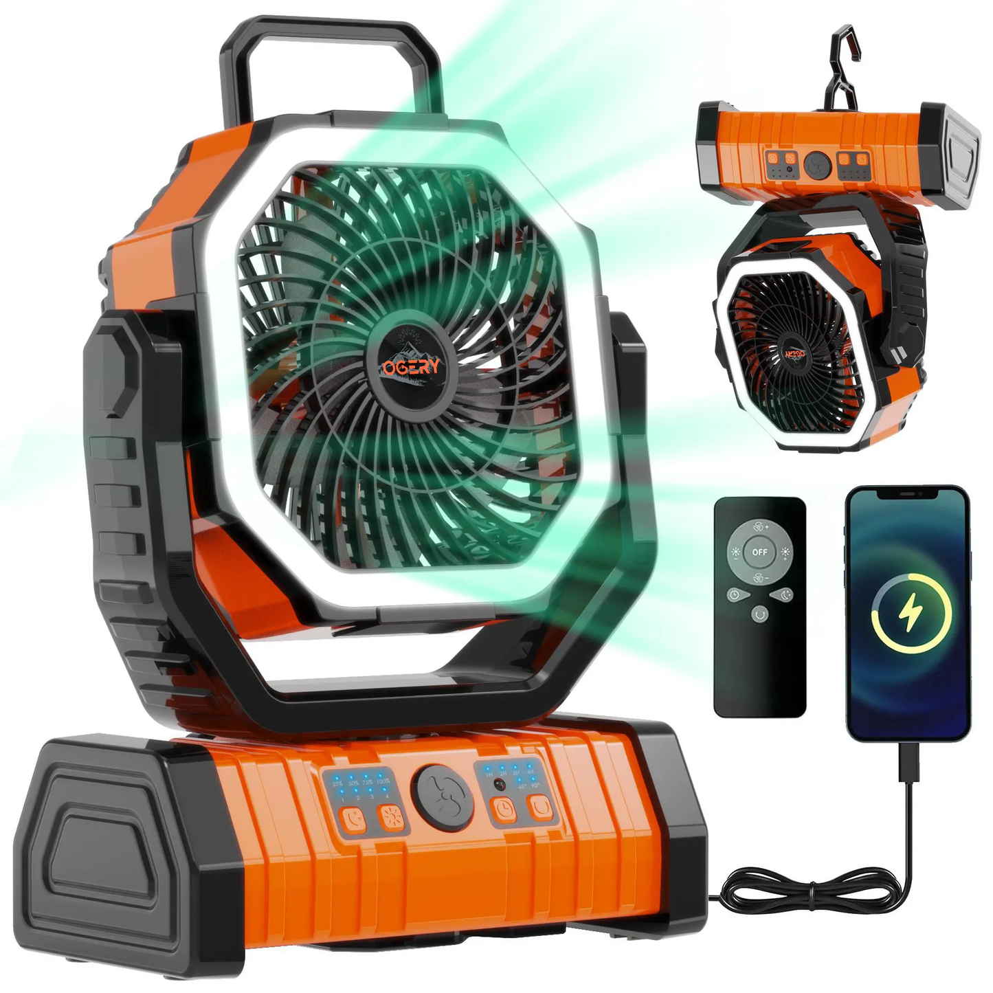 Rechargeable Camping Fan with LED Light & 360° Hanging Hook