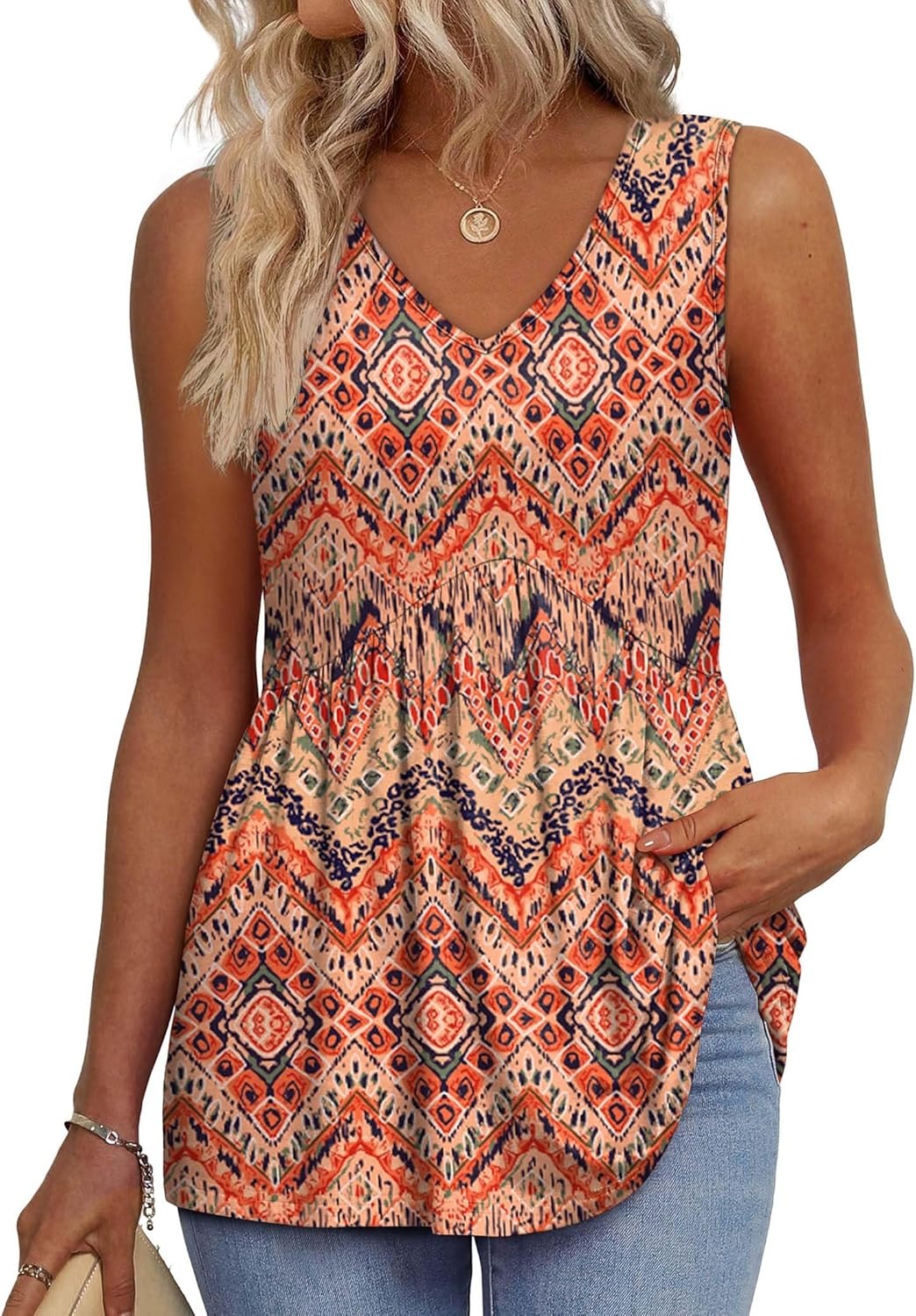 ⏰Hot Sale-Women's Print Flowy Sleeveless V Neck Peplum Tank Tops