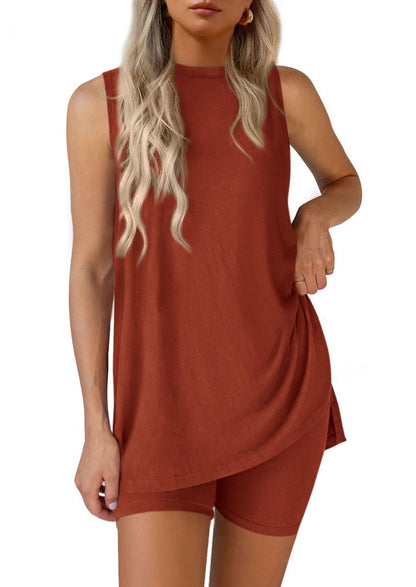 Women Summer Matching 2 Piece Outfit Split Hem Top & Shorts Set