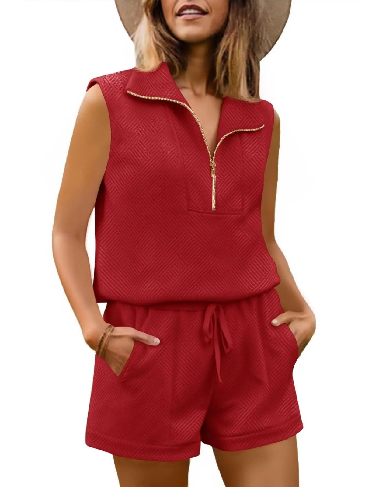⏰Hot Sale-Womens 2 Piece Outfits Short Sets Half Zip Sleeveless Tops and Drawstring Shorts
