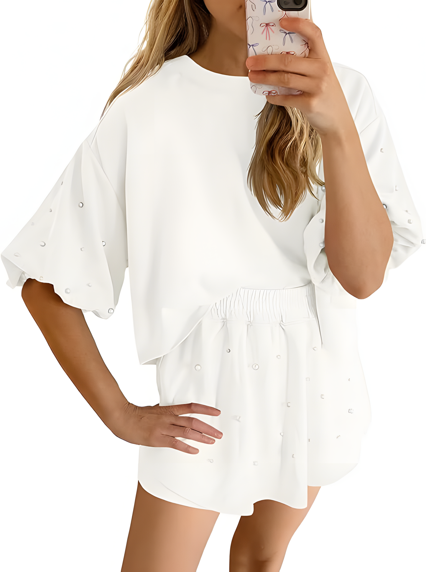 Women Pearl Puff Sleeve Top & Skort 2 Piece Summer Lounge Set