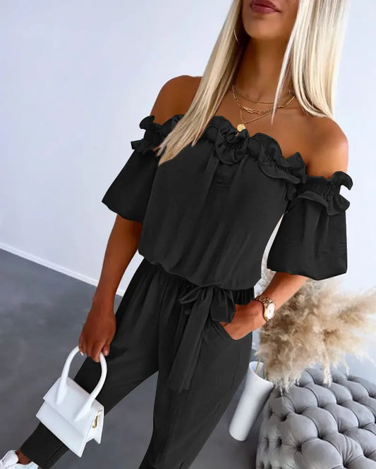Womens Off Shoulder Frill Hem Tied Detail Jumpsuit