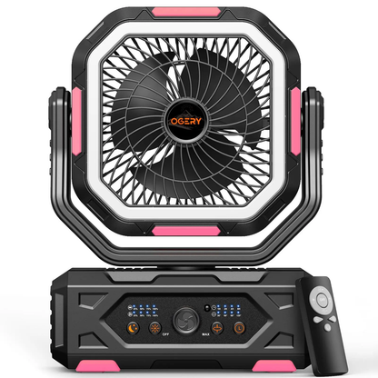 Rechargeable Camping Fan with LED Light & 360° Hanging Hook