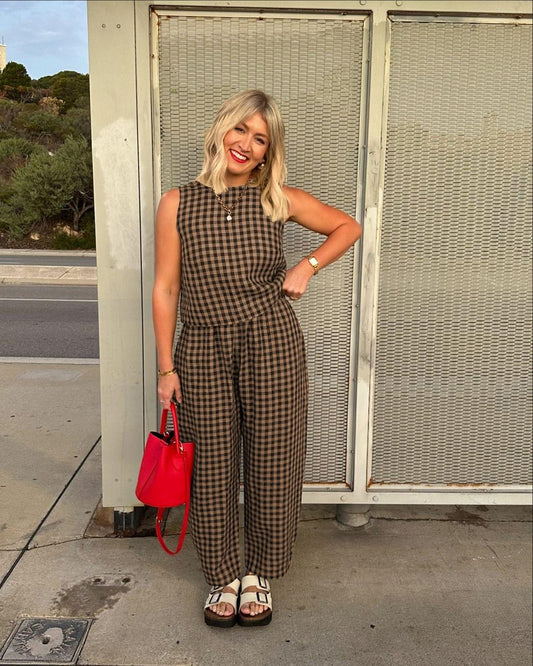 Women's Gingham Sleeveless Tank Top & Barrel Pants Set