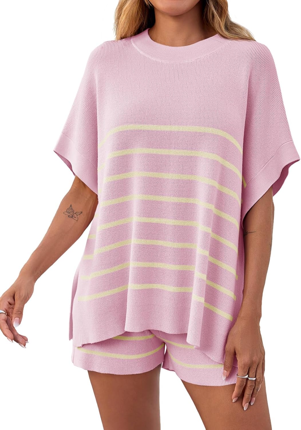 Women's Striped Two-Piece Oversized Batwing Sleeve Short Sleeve Top and Shorts Set